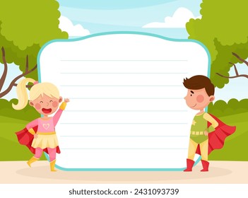 Cute Superhero Kids Wearing Cloak Empty Card Vector Template
