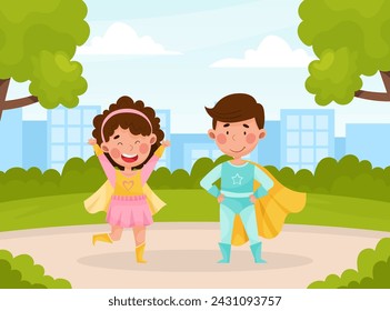 Cute Superhero Kids Wearing Cloak Vector Illustration