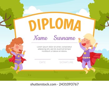 Cute Superhero Kids Wearing Cloak Diploma Vector Template