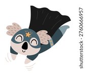 Cute Superhero Koala Image. Super Hero Animal in Cape and Mask. Kids Cartoon Vector Clipart.