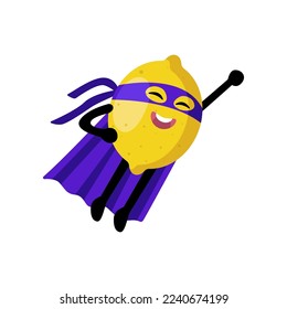 Cute superhero lemon character flying illustration. Cartoon drawing of comic fruit with purple mask and cape with comic isolated on white background. Healthy food concept