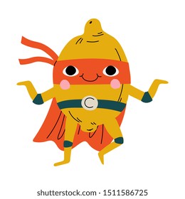 Cute Superhero Lemon in Mask and Cape, Funny Fruit Cartoon Character in Costume Vector Illustration