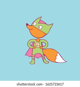 Cute superhero. Little fox. Cartoon animal character. Isolated vector object.