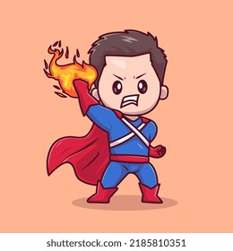 Un Hombre De Superhéroes Con Fuego En La Mano Ilustración Del Icono Del Vector De Caricaturas. Vector Premium Aislado De Icono De Festividad. Estilo de dibujo plano
