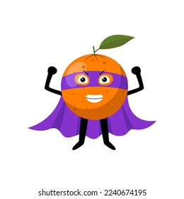 Cute superhero orange character cartoon illustration. Cartoon drawing of comic fruit with purple mask and cape with comic isolated on white background. Healthy food concept