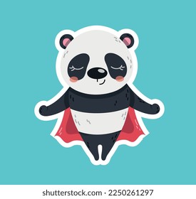 Cute superhero panda icon. Sticker for social networks and instant messengers. Asian exotic animal wearing mask and cloak meditating. Concentration and inner peace. Cartoon flat vector illustration