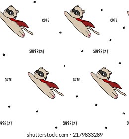 Cute superhero pattern cat line doodle. Seamless background pet, stars. Textiles for children. Minimalism paper scrapbook for kids.