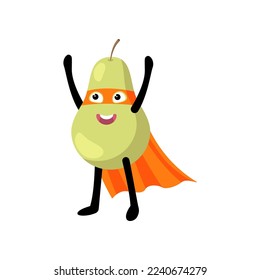 Cute superhero pear character illustration. Cartoon drawing of comic fruit with orange mask and cape with comic isolated on white background. Healthy food concept