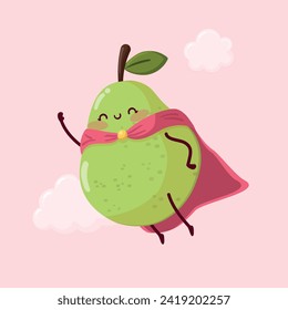 Cute superhero pear fruits fliegen am Himmel