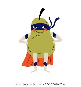 Cute Superhero Pear in Mask and Cape, Funny Fruit Cartoon Character in Costume Vector Illustration