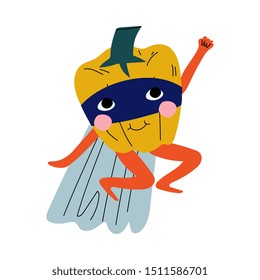 Cute Superhero Pepper in Mask and Cape, Funny Vegetable Cartoon Character in Costume Vector Illustration