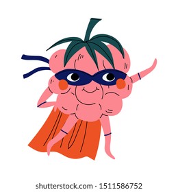 Cute Superhero Raspberry in Mask and Cape, Funny Berry Cartoon Character in Costume Vector Illustration