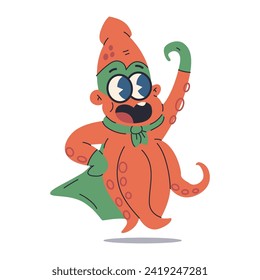 Cute superhero squid vector cartoon character illustration isolated on a white background.