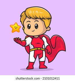 Cute SuperHero With Cute Star Cartoon Vector Icon Illustration. People Hero Icon Concept Isolated Premium Vector. Flat Cartoon Style