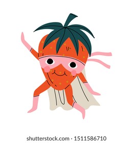 Cute Superhero Strawberry in Mask and Cape, Funny Berry Cartoon Character in Costume Vector Illustration