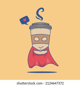 Cute Superhero super coffee cartoon vector flying on air with red cape illustration