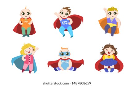 Cute Superhero Toddler Babies Set, Happy Adorable Boys and Girls in Costumes of Superhero and Capes Vector Illustration