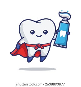 Cute Superhero Tooth Character Flying with Toothpaste Tube, Dental Hygiene Cartoon Illustration