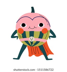 Cute Superhero Watermelon in Mask and Cape, Funny Fruit Cartoon Character in Costume Vector Illustration