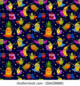 Cute superheroes fruits seamless pattern. Superpower vitamin food in flat style. Fruits characters messy background. 