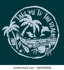 Cute surf beach with crab and dolphin character abstract vector print for children wear