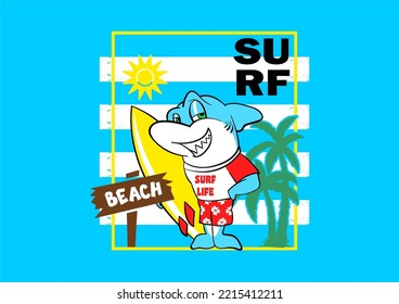 cute surf shark illustration for printing
