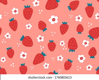 Cute surface pattern with hand drawn strawberries and white flowers. Vector pattern with strawberries an d  flower motifs in a tossed repeat.