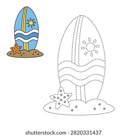 Cute surfboard trace and color worksheet for kids. Preschool educational worksheet with dashed tracing lines, colored reference illustration, and a simple surfboard on the beach for tracing and coloring practice.