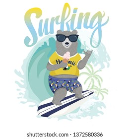 Cute surfer bear vector design for kids t-shirt.