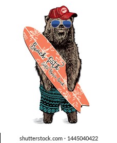 cute surfer bear vector design for kids t-shirt.hand drawn illustration.