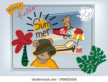 Cute surfer bear vector design for kids cartoon enjoying the holiday t-shirt.Animal cartoon  Funny design for kids , child or web. Creative original design Blue background .
