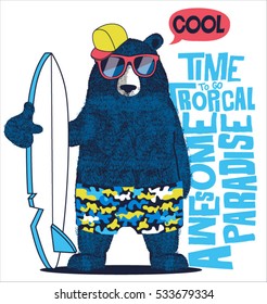 cute surfer  bear vector design for kids t-shirt