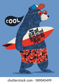 cute surfer bear vector design for kids t-shirt