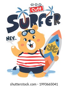 Cute surfer bear wearing sunglasses holding a fish surfboard say hey on the beach isolated on white background illustration vector.