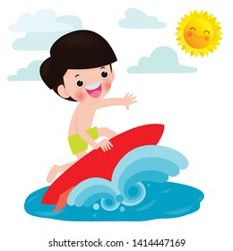 cute surfer boy character with surfboard and riding on ocean wave. Happy young surfer guy on the crest wave, flat vector illustration