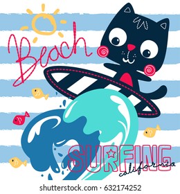 Cute surfer cat and big wave on blue and white striped background illustration vector.