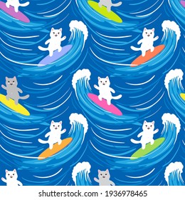 Cute surfer cats on big blue waves, seamless pattern