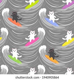 Cute surfer cats on big blue waves, seamless pattern