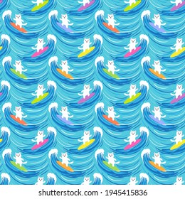 Cute surfer cats on big blue waves, seamless pattern