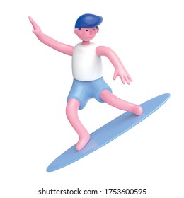 Cute surfer character with tank top and shorts, isolated on white background, 3d illustration