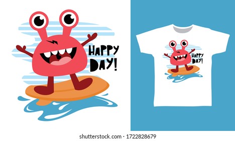 Cute surfer crab design vector illustration ready for print on kids t-shirt.