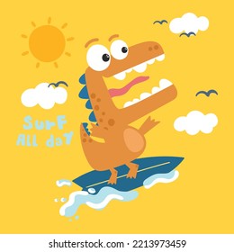 cute surfer dinosaur vector illustration