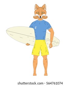 Cute surfer fox with french mustache and surfboard. Animal illustration for t-shirt print, kids greeting card, invitation for summer surf party, tattoo design.