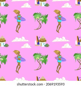 Cute surfer girl with palm tree and bungalow