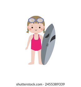 cute surfer kid character with surfboard on beach. Happy young surfer on the crest wave, flat vector illustration isolated on white background summer time 