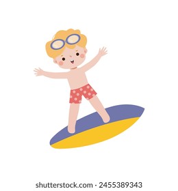 cute surfer kid character with surfboard on beach. Happy young surfer on the crest wave, flat vector illustration isolated on white background summer time 