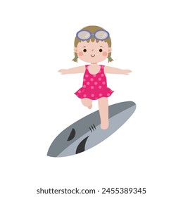 cute surfer kid character with surfboard on beach. Happy young surfer on the crest wave, flat vector illustration isolated on white background summer time 