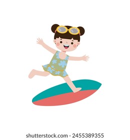 cute surfer kid character with surfboard on beach. Happy young surfer on the crest wave, flat vector illustration isolated on white background summer time 