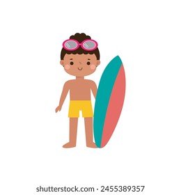 cute surfer kid character with surfboard on beach. Happy young surfer on the crest wave, flat vector illustration isolated on white background summer time 