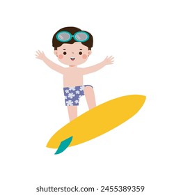 cute surfer kid character with surfboard on beach. Happy young surfer on the crest wave, flat vector illustration isolated on white background summer time 